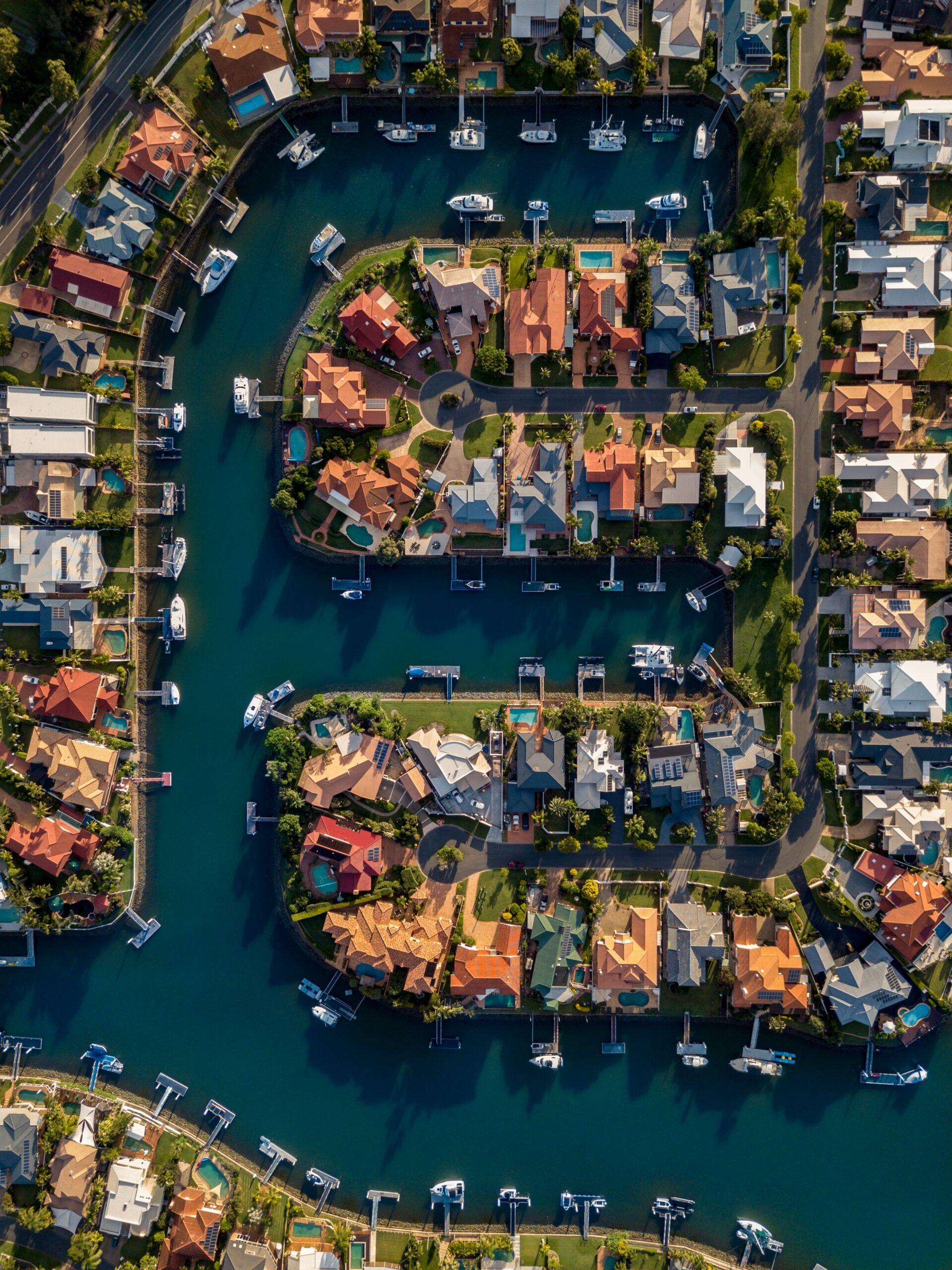 aerial view of a coastal neighborhood